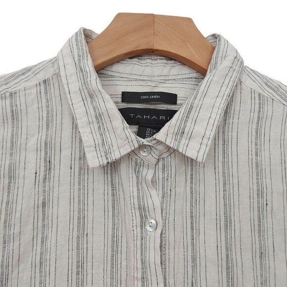 Tahari Linen Top Womens Large Sand Striped Shell Button Linen Minimalist Beach - Picture 4 of 10